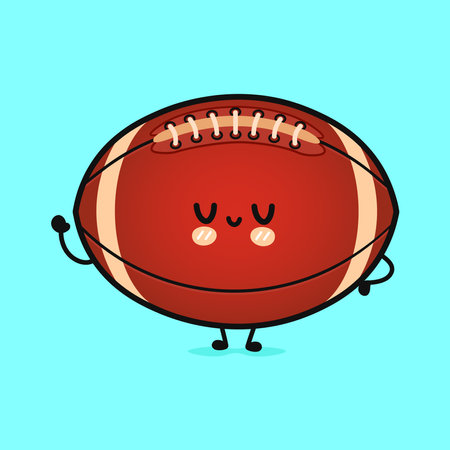 Cute funny Rugby ball waving hand. Vector hand drawn cartoon kawaii character illustration icon. Isolated on blue background. Happy Rugby ball character conceptのイラスト素材
