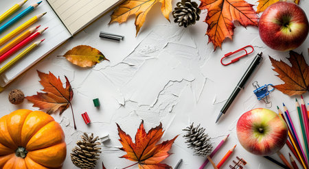 Back to school banner. School supplies, autumn leaves, pine cones and apples on white tableの素材
