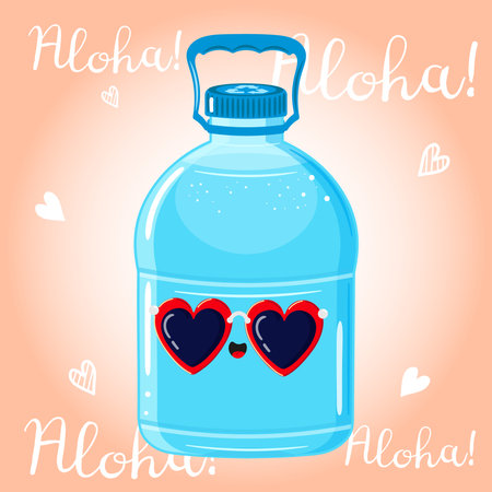 Cute funny Plastic Water Bottle character. Vector hand drawn cartoon kawaii character illustration icon. Isolated on pink background. Plastic Water Bottle character concept. Aloha cardのイラスト素材