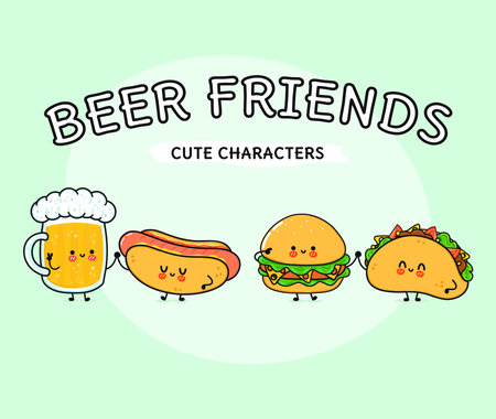 Cute, funny happy glass of beer, hot dog, hamburger, taco . Vector hand drawn cartoon kawaii characters, illustration icon. Funny cartoon glass of beer, hot dog, hamburger, taco mascot friends conceptのイラスト素材
