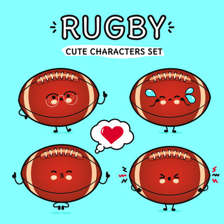 Funny cute happy Rugby ball characters bundle set. Vector hand drawn doodle style cartoon character illustration icon design. Isolated on blue background. Rugby ball mascot character collectionのイラスト素材