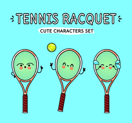 Funny cute happy Tennis racquet characters bundle set. Vector hand drawn doodle style cartoon character illustration icon design. Isolated on blue background. Tennis racquet mascot collectionのイラスト素材