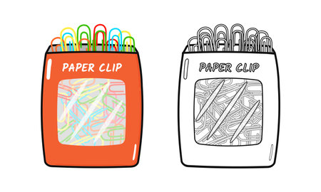 Funny cute happy Paper clip characters bundle set. Vector hand drawn cartoon kawaii character illustration icon. Cute Paper clip. Outline cartoon illustration for coloring bookのイラスト素材