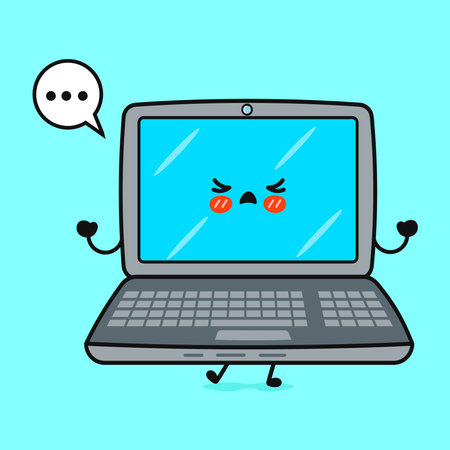 Angry Laptop character. Vector hand drawn cartoon kawaii character illustration icon. Isolated on blue background. Sad Laptop character conceptのイラスト素材