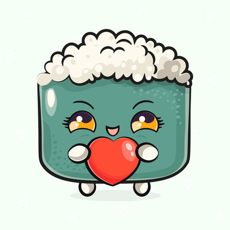 Cute funny Sushi with heart in hand. Vector hand drawn cartoon kawaii character illustration icon. Isolated on light green background. Sushi character conceptのイラスト素材