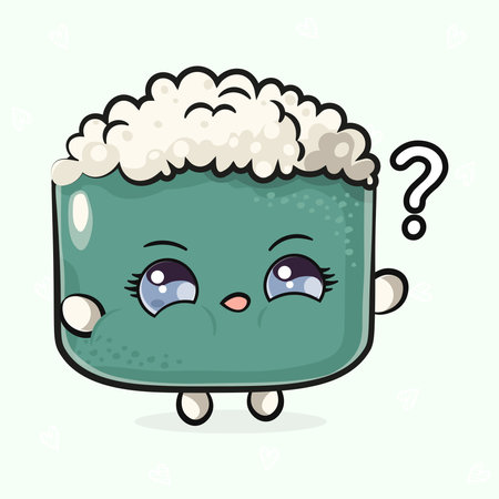 Sushi and question mark. Vector hand drawn cartoon kawaii character illustration icon. Isolated on light green background. Sushi character conceptのイラスト素材
