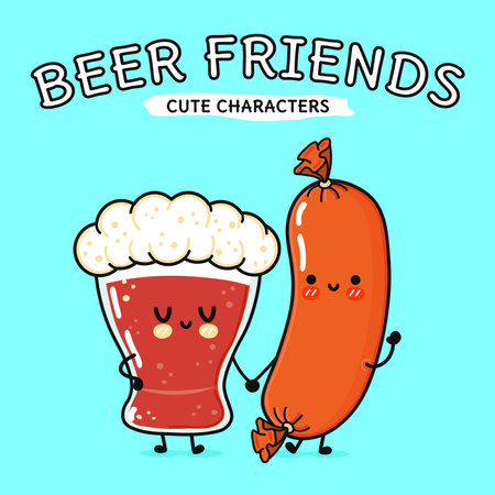 Cute, funny happy glass of beer and sausage. Vector hand drawn cartoon kawaii characters, illustration icon. Funny cartoon glass of beer and sausage mascot character conceptのイラスト素材