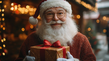 Santa Claus with a gift, cozy holiday ambiance, warm lighting, blurred background, concept of Christmas cheer and celebrationの素材