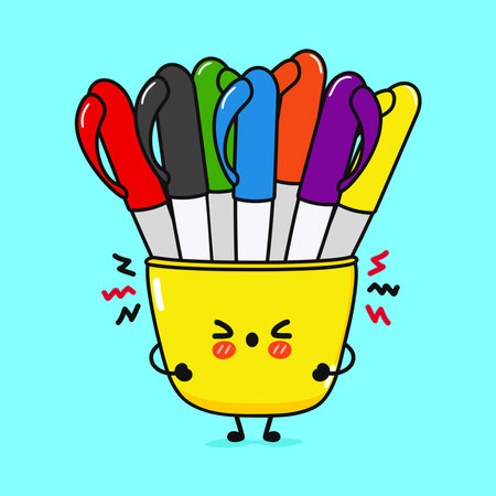 Cute sad Multi-colored pens character. Vector hand drawn cartoon kawaii character illustration icon. Isolated blue background. Angry cute Multi-colored pens characterのイラスト素材
