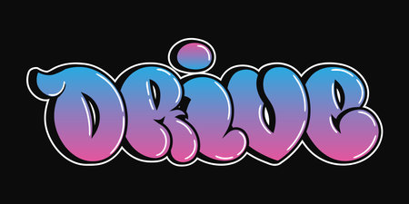 Drive word trippy psychedelic graffiti style letters. Vector hand drawn doodle cartoon logo Drive illustration. Funny cool trippy letters, fashion, graffiti style print for t-shirt, posterのイラスト素材