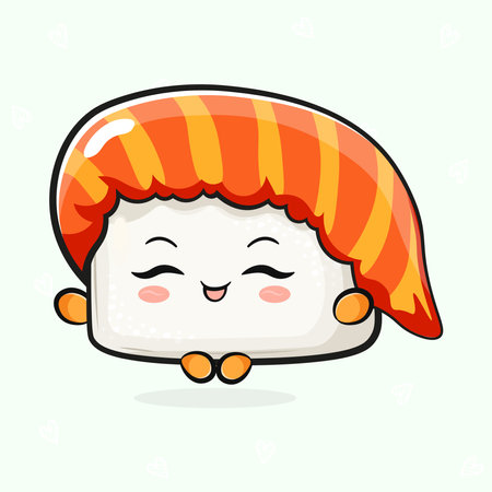 Cute funny Sushi doing yoga character. Vector hand drawn traditional cartoon vintage, retro, kawaii character illustration icon. Isolated on light green background. Sushi relax characterのイラスト素材