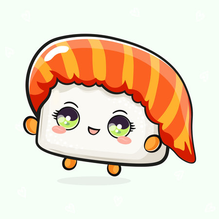 Cute funny jumping Sushi. Vector hand drawn cartoon kawaii character illustration icon. Isolated on light green background. Red Sushi conceptのイラスト素材