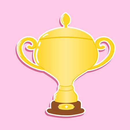 Sticker Golden trophy cup. Vector hand drawn cartoon kawaii character illustration icon. Isolated on pink background. Golden trophy cup conceptのイラスト素材