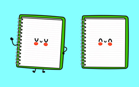 Note pad character. Vector hand drawn cartoon kawaii character illustration icon. Isolated on blue background. Note pad character conceptのイラスト素材