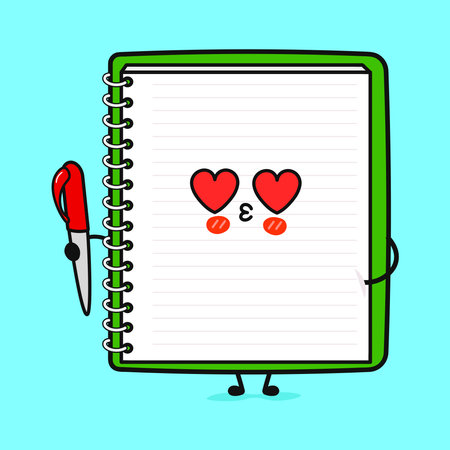 Note pad in love character. Vector hand drawn cartoon kawaii character illustration icon. Isolated on blue background. Note pad character conceptのイラスト素材