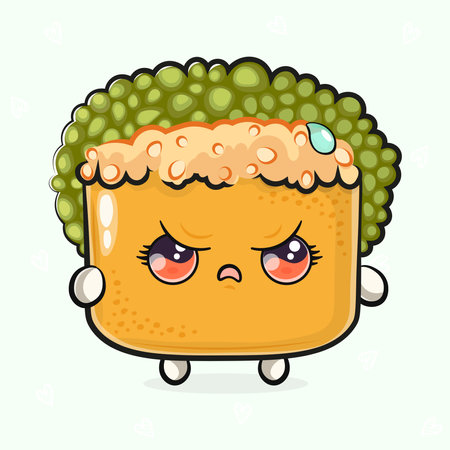 Cute angry Sushi character. Vector hand drawn cartoon kawaii character illustration icon. Isolated on light green background. Sad Sushi character conceptのイラスト素材