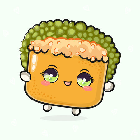 Cute funny jumping Sushi. Vector hand drawn cartoon kawaii character illustration icon. Isolated on light green background. Red Sushi conceptのイラスト素材