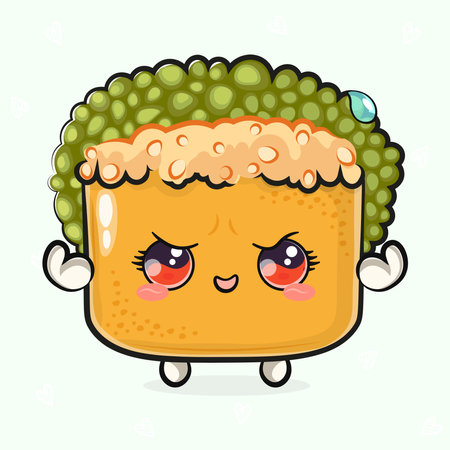 Cute funny Sushi strong. Vector hand drawn cartoon kawaii character illustration icon. Isolated on light green background. Sushi shows muscles character conceptのイラスト素材