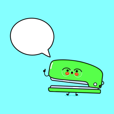 Stapler with speech bubble. Vector hand drawn cartoon kawaii character illustration icon. Isolated on blue background. Stapler character conceptのイラスト素材