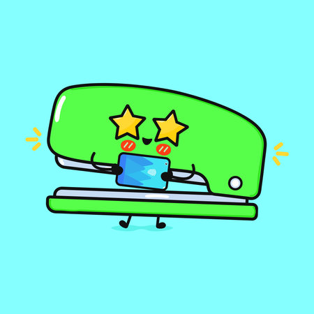 Stapler with smartphone character. Vector hand drawn cartoon kawaii character illustration icon. Isolated on blue background. Stapler character conceptのイラスト素材