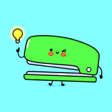 Stapler bingo character. Vector hand drawn cartoon kawaii character illustration icon. Isolated on blue background. Stapler character conceptのイラスト素材