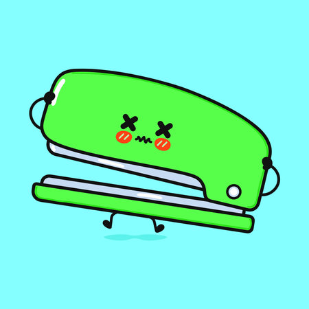Angry Stapler character. Vector hand drawn cartoon kawaii character illustration icon. Isolated on blue background. Sad Stapler character conceptのイラスト素材