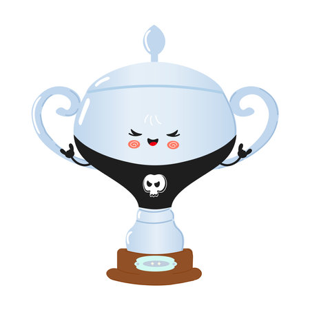 Cute cartoon Silver trophy cup character with a skull shirt and playful pose. Vector hand drawn cartoon kawaii character illustration icon. Isolated on white background. Silver trophy cup heavy metalのイラスト素材