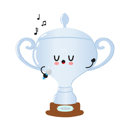 Cute Silver trophy cup character singing into a microphone character. Vector hand drawn cartoon kawaii character illustration icon. Isolated on white background. Silver trophy cup character conceptのイラスト素材