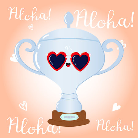 Cute cartoon Silver trophy cup wearing heart-shaped sunglasses on a light background. Vector hand drawn cartoon kawaii character illustration. Silver trophy cup character concept. Aloha cardのイラスト素材