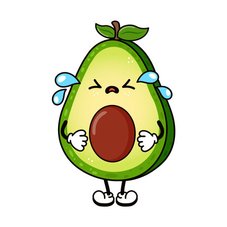 Cute crying sad Avocado character. Vector hand drawn Avocado character. Isolated white backgroundのイラスト素材