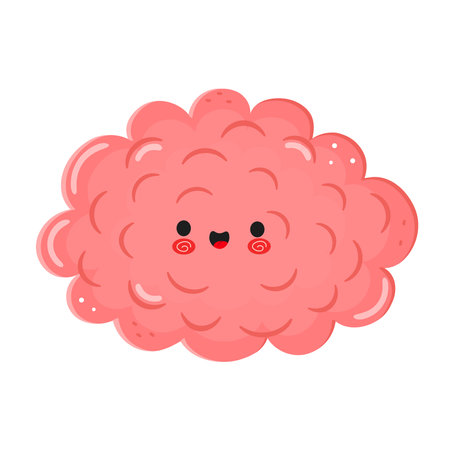 Cute pink Brain character with a happy face on a white backgroundのイラスト素材