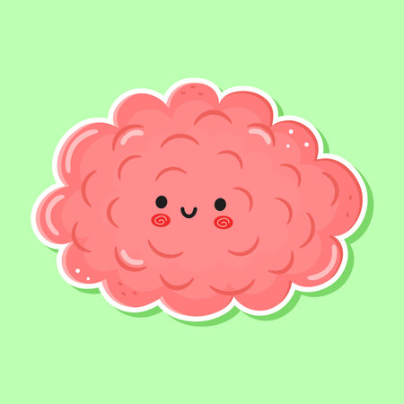 Cute smiling Brain Sticker cartoon illustration on green backgroundのイラスト素材