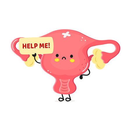 Cartoon uterus character holds a help sign expressing a need for assistance in a humorous wayのイラスト素材