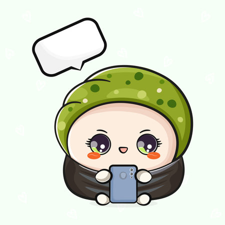 Sushi with a smartphone in hand. Vector hand drawn cartoon kawaii character illustration icon. Isolated on light green background. Sushi character conceptのイラスト素材