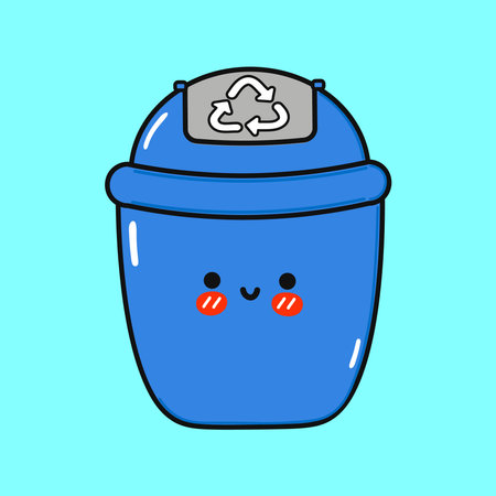 Trash can character. Vector hand drawn cartoon kawaii character illustration icon. Isolated on blue background. Happy Recycling bin character conceptのイラスト素材