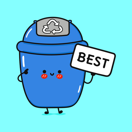A cheerful Blue Recycling Bin holding a sign that says Best . Vector hand-drawn kawaii character, isolated on a blue background. Happy Trash Can cartoon. Eco-friendly and recycling conceptのイラスト素材