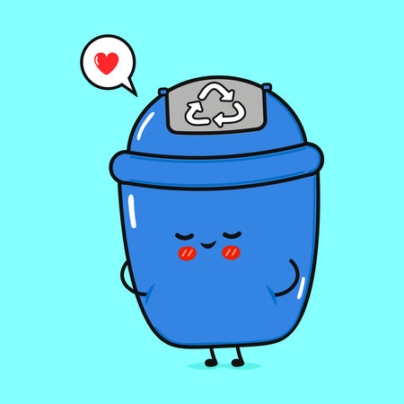 A cute blue recycling bin character with rosy cheeks and a speech bubble expresses love. Set on a blue background. Vector hand drawn cartoon kawaii character illustration icon. Eco-friendly conceptのイラスト素材