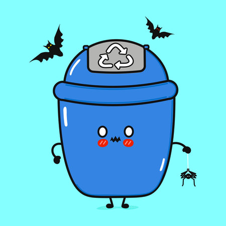 Adorable cartoon recycling bin character celebrates Halloween with bats and a spider, on light blue background, perfect for seasonal designs.のイラスト素材