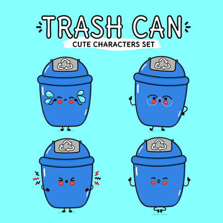 A set of cute blue trash can characters with playful expressions, showcasing various. Vector hand drawn doodle style cartoon character illustration. Isolated on blue background.のイラスト素材