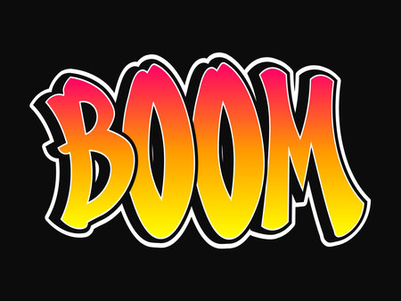 Boom word trippy graffiti style letters. Vector hand drawn doodle cartoon logo Boom illustration. Funny cool trippy letters, fashion, graffiti style print t-shirt, poster conceptのイラスト素材