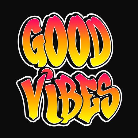 Good vibes phrase graffiti style letters. Vector hand drawn doodle cartoon logo Good vibes illustration. Funny cool trippy letters, fashion, graffiti style print t-shirt, poster conceptのイラスト素材