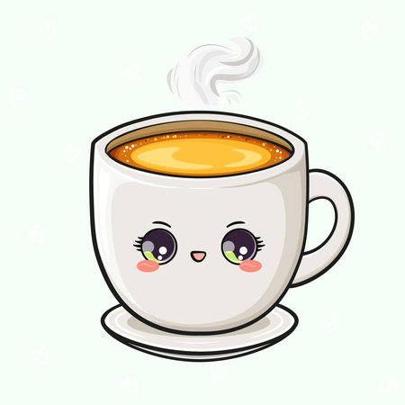 Smiling Coffee Cup. Cheerful Mug with Steam and Expressive Eyesのイラスト素材