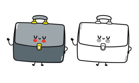 Smiling Briefcase Duo. Cute Office Bag Character with Coloring Outlineのイラスト素材