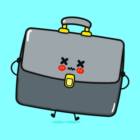 Sad Briefcase Character. Grey Cartoon Office Bag on Blue Backdropのイラスト素材