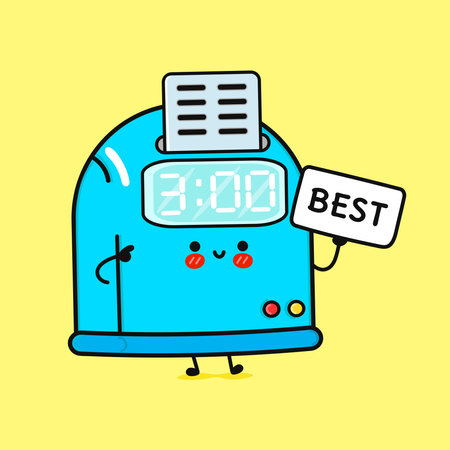 Cheerful Punch Clock Mascot. Cute Cartoon Time Recorder Holding BEST Sign.のイラスト素材