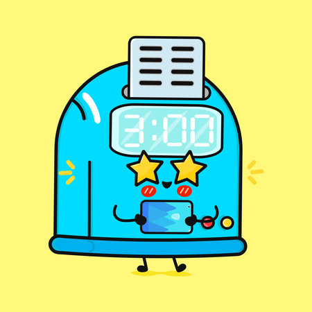 Cartoon Punch Clock. Cute Time Clock with Star Glasses and Phoneのイラスト素材