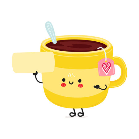 Cheerful Tea Mug. Cute Kawaii Cup Holding Blank Signのイラスト素材