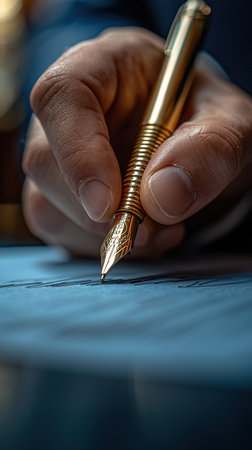 A close-up of a hand signing a document with a gold fountain pen, perfect for illustrating concepts like contracts, agreements, and formal writing.の素材