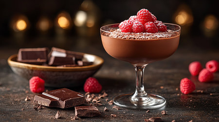 A rich chocolate mousse topped with raspberries makes a delicious and decadent dessert.の素材