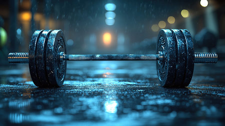 A dramatic, moody shot of a barbell on a wet surface, evoking feelings of intense workout dedication, even in challenging conditions.の素材